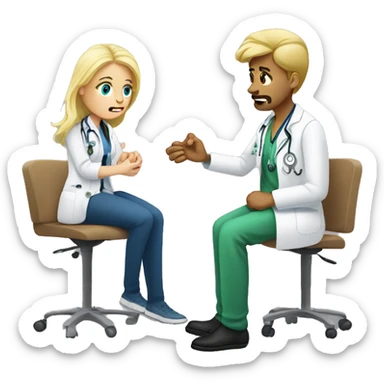 Scared white masculine male patient with a blonde female doctor examining his foot sticker