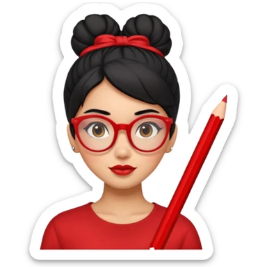 Morena girl with black hair in a pencil that creates a high bun hairstyle. She has red glasses sticker