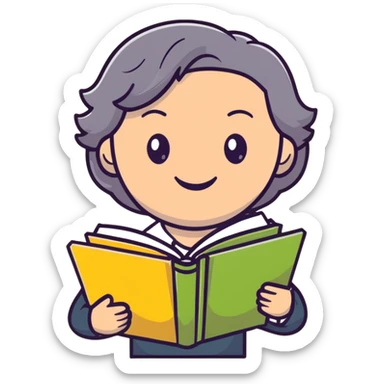 smiling English teacher with airtouch hair and grey-green eyes holding books and teaching materials sticker