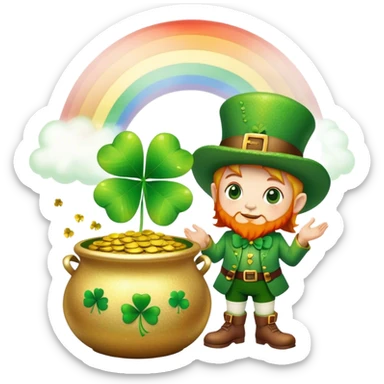 Green glittery four leaf clover with a little leprechaun standing beside the pot of gold with a rainbow  sticker