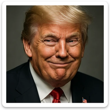 Increase contrast slightly for a more vivid look while keeping the very sly, cunning expression on Donald Trump's face, photorealistic quality, and plain background. The style is photorealistic. sticker
