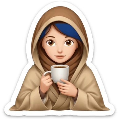 brown hair woman sitting under beige blanket, with a blanket over his head, holding cup of coffe sticker