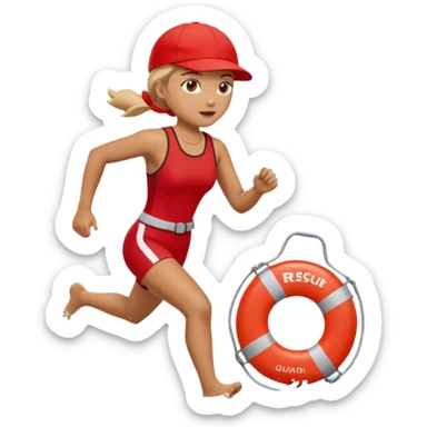 Female lifeguard – red cap, running along shore with rescue buoy sticker