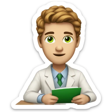 light skinned man with green eyes and brown styled hair preparing for an exam sticker