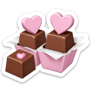 Two square milk chocolate Each of the two chocolates will have its own pralines only, Each praline is a sharp-edged cube with smooth glossy chocolate coating, placed in a small white fluted paper candy cup. On top of each cube is a flat pastel pink heart-shapedwith fine sugar crystal sparkle. sticker