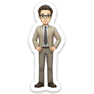Full height Pale skinned fit man with dark brown hair in gray jacket, beige office shirt, brown tie, brown pants and vintage glasses. His right hand stretched out sticker