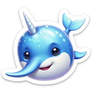 Cinematic Cute Narwhal Portrait Emoji, Head tilted playfully and inquisitively, with a glossy, shimmering body highlighted by its iconic tusk and sparkling eyes filled with wonder, Simplified yet irresistibly adorable features, highly detailed, glowing with a warm, friendly glow, high shine, affectionate and lively, stylized with a touch of whimsical charm, bright and endearing, soft glowing outline, capturing the essence of a mischievous marine marvel that feels like it could frolic out of the screen into your heart! sticker