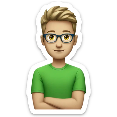 white young man with square glasses and blue eye wearing green t-shirt using laptop  sticker