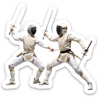Round two fencers in dynamic poses, one attacking and the other defending with a sword. The swords cross in the center, representing skill, precision, and speed. The background includes subtle fencing gear elements, emphasizing the sport’s elegance and strategy.  sticker