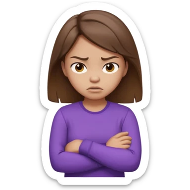 Girl with brown hair crossing arms in front of her chest and making an angry face with a purple longsleeve shirt on and be more pouty make her skin lighter sticker