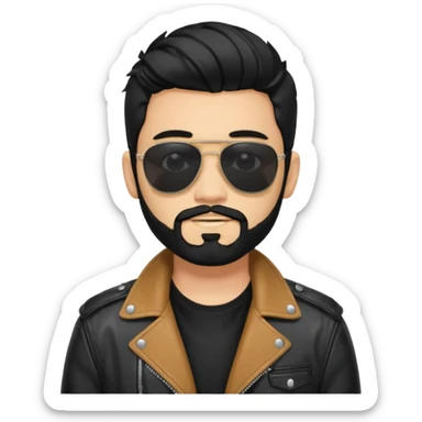 generate an ios genmoji of a 20 year old tan boy with black sunglasses, long black hair till his shoulders. Wearing a leather jacket. Has a dyed blonde beard sticker