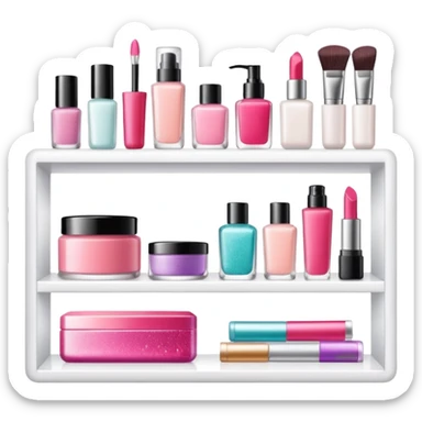 a white shelf with few beauty products and sparkles sticker