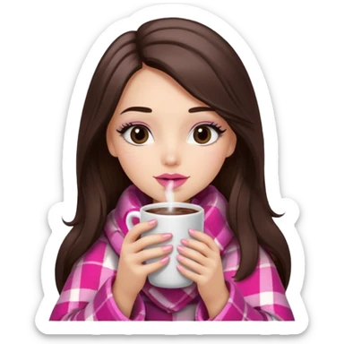 Pink lip, eyelashes, Black eyed brunette girl with long hair and light skin shoulders wrapped up in a pink plaid blanket drinking hot chocolate sticker