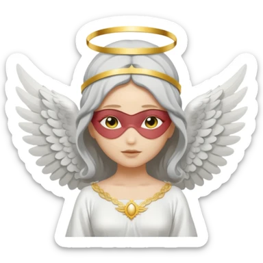 angel with gray skin, blindfolds, no eyes, with two white large wings, with a white and golden dress, with a golden halo sticker