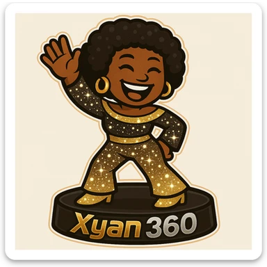 Place a sparkling 1970s disco female African American emoji on a 360 photo booth platform. Add the text 'Xyan 360' on the side of the booth in bold gold, silver, black, and white colors, matching the retro stickers style of the emoji. sticker