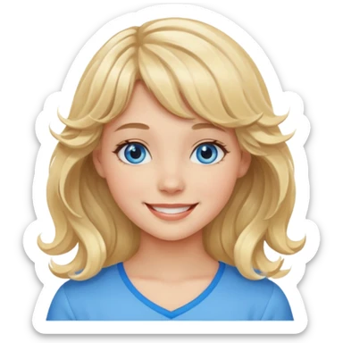 Please generate an image of a girl. She has blue eyes, blonde, wavy hair with bangs, and is smiling. sticker