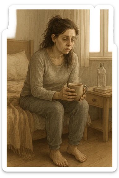 A realistic, cinematic illustration of a woman in her early 30s with a tired, pale appearance, sitting on the edge of her bed in a softly lit bedroom during the morning, looking exhausted and drained. Her posture is slightly slouched, and dark circles are visible under her eyes. She wears comfortable loungewear, holding a warm cup of herbal tea in her hands, seeking comfort. The scene includes a cozy yet slightly messy room with a blanket, a water bottle, and a book on the nightstand, emphasizing chronic fatigue. Soft natural light comes through the window, highlighting her expression of persistent tiredness despite rest, capturing the invisible struggle of chronic fatigue syndrome while maintaining dignity and a gentle aesthetic. sticker