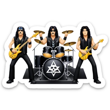 Icon for Heavy Metal: Anthrax live concert with Charlie Benante on drums, Joey Belladonna on vocals, Frank Bello on bass, Jonathan Donais and Scott Ian on guitars. The intense energy of the band is captured with instruments and stage lighting. Transparent background. sticker