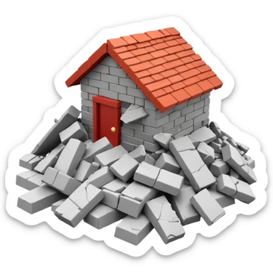 3D iPhone style emoji of a pile of bricks, roof pieces, and wall rubble, scattered and broken, isolated on white background, soft shadows, high detail, playful and cute sticker