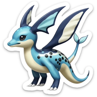 Black and white smooth glossy soft hot spotted Meloetta-Dialga-Orca-Giratina-Noivern-Vaporeon-Pokémon-Fakémon-fusion-hybrid-creature (full body), 4-legged,  sticker