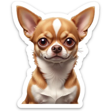 Cinematic Meme-Worthy Grumpy Red/White Short Haired Chihuahua Portrait Emoji, Head held high but eyes filled with dramatic disappointment, smooth red and white fur with a striking pattern, deeply furrowed brow forming an unmistakable scowl, floppy ears slightly angled back in disapproval, piercing dark eyes glaring with pure exasperation, Simplified yet hilariously over-exaggerated features, highly detailed, glowing with an aura of supreme annoyance, high shine, exhausted yet judgmental, stylized with an almost regal pettiness, bright but brooding, soft glowing outline, capturing the essence of a pup that has seen it all and is thoroughly unimpressed, so meme-worthy it feels like it could instantly become the next viral sensation of grumpiness! sticker