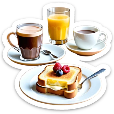 Un joli plateau sur lequel repose un délicieux petit déjeuner composé d’un croque-monsieur croustillant, d’un bol de yaourt aux fruits, d’une tasse de chocolat chaud garnie de guimauves et d’un joli vase contenant deux fleurs d’hibiscus sticker