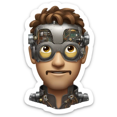 male cyborg head with brown shirt hair, brown beard, silver steampunk goggles and circuits sticker