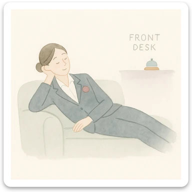 soft watercolor illustration in a minimalist, modern style, hotel receptionist lying on a couch, pastel colors, delicate linework, gentle whimsical mood, minimal soft shading sticker