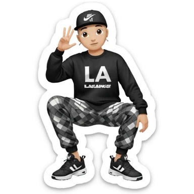 Crea Un Emoji De Cuerpo Completo Que Sea Hombre Con Corte Alucin Que Tenga Gorra Nike, Suéter Negro Que Tenga La Letras LA El La Parte Del Corazón, Zapatos Adidas Con Una Palomita✅, Pantalón Ancho O Bellaco Con Unos Diseños De Palomas Blancas Y Asiendo Una Pose Con Su Mano Que Sea Está 🤙🏽. sticker