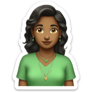 brown skinned black hair indian girl wearing a green shirt that says fifth grade with stud earrings and a necklace that says nila in cursive sticker