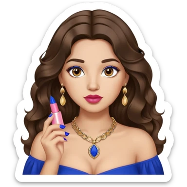 Light skinned girl, long wavy dark natural brown hair center-part with face framing pieces, big hazel eyes, small gold necklace, royal blue top, prominent blush, big lips, fancy long acrylic nails done, holding lipstick. She is curvy sticker