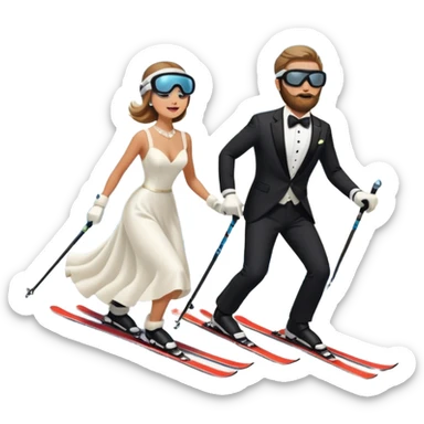 a couple skiing they both have ski helmets and goggles on , man with a beard in a tux and woman in a wedding dress on their skiis going down a slope.  sticker