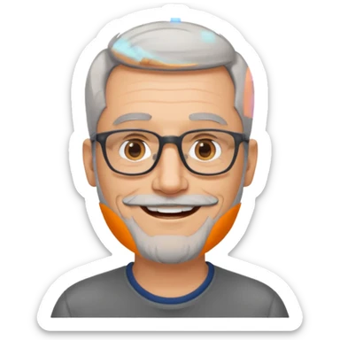 54 year old man, short shaved grey hair, beard stubble, glasses sticker