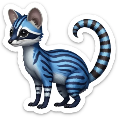 Feral Rare Fantasy iridescent scaly  shaded detailed deep-dark-cobalt-blue-gradients-colored colorful Genet-Trico-Civet-Cacomistle-Margay-species by LiLaiRa,, with white stripes with dark-blackish points, white belly, random markings, tufted tail, tufted ears, full body sticker