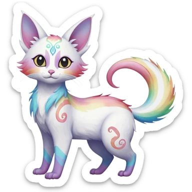 Jumping-Pure-snow-White albino iridescent with pastel rainbow-gradients-color-markings with swirly patterns butterflies  faerie-Noivern-Noibat-Purloin-Torracat-Lykoi-Caracal-cat-Fakemon-fusion-hybrid-creature- sticker
