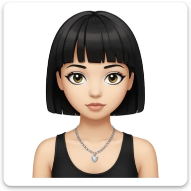 Make an emoji that is a bit fat but also a bit skinny at the same time, has black short hair with bangs, has eye liner and mascara on, has a black tanktop on, and has a necklace on  sticker