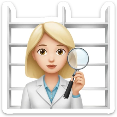 emoji of white empty shelf in perspective view with a standing woman nearby, she is looking at the shelfs with a magnifying glass sticker