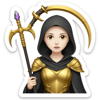 feminine grim reaper in a gold with scythe sticker