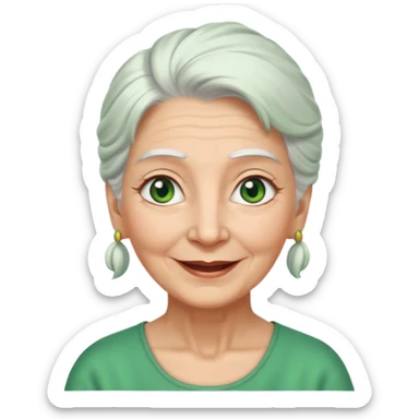 abuela con ojos verdes, pelo blanco, pelo blanco y amarrado, aspecto feliz, pelo blanco, no verde, solo verde los ojos sticker
