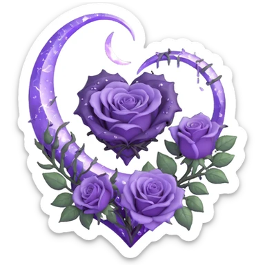 gothic heart, lavender purple glass, silver crescent moon, dark purple roses, iridescent stardust, white lightning, glossy rain effect, fractured glass texture sticker
