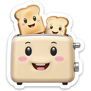 Cute Kawaii Toaster, tiny and square, soft pastel cream with a happy smile, chubby cheeks, two little toast slices popping out, giggling in excitement! sticker