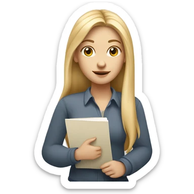 A detailed emoji-style illustration of a white girl with long blonde hair holding a notepad in her hand. The girl should have a friendly expression, and the design should be in the style of common emoji characters, simple yet expressive. sticker