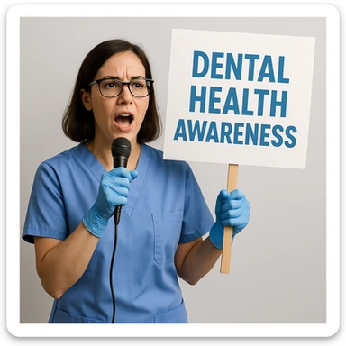 dental hygienist as an advocate, speaking or holding a sign about dental health awareness sticker