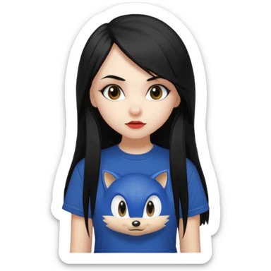 make a goth attractive girl with straight long black hair, side bangs, with brown eyes and wearing sonic clothes  sticker