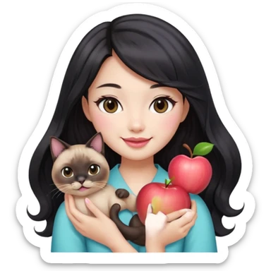 Asian woman with fair skin holding a Siamese cat, black see-through bang front hair, long wavy hair, round brown eyes, light pink blush, pink lips, smiling face, Apple emoji style sticker