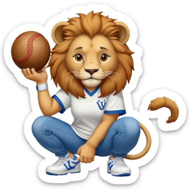 confident anthropomorphised female lion wearing a baseball shirt, jeans, and trainers, squatting and lifting an object sticker