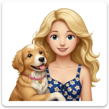 20-year-old woman with very long, wavy, blonder dirty blonde hair with brown highlights and dark blue eyes, petting an English cream golden retriever, sunset background, cheerful atmosphere sticker