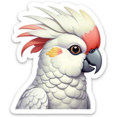 Cinematic Noble Cockatoo Portrait Emoji, Poised and regal, with a striking, crest-adorned head of brilliant white and pastel hues, a robust, curved beak, and piercing, intelligent eyes, Simplified yet sharp and sophisticated features, highly detailed, glowing with a soft, tropical luminescence, high shine, intelligent and majestic, stylized with an air of avian elegance, focused and alert, soft glowing outline, capturing the essence of a watchful and confident cockatoo that appears ready to unfurl its crest out of the screen with effortless authority! sticker