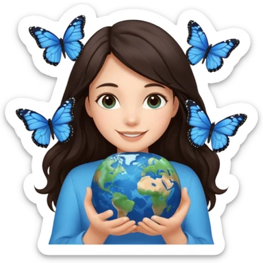 Successful CEO (brunette girl, another emoji, in the middle), holding the Earth 🌍 in her hands smiling warmly, blue monarch butterflies fly around her. sticker