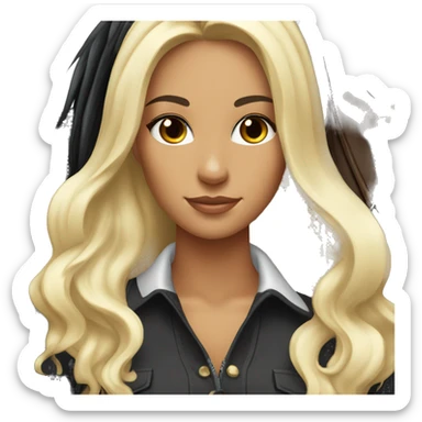 Pretty tanned equestrian woman long black hair with blonde highlights holding black stallion reins sticker